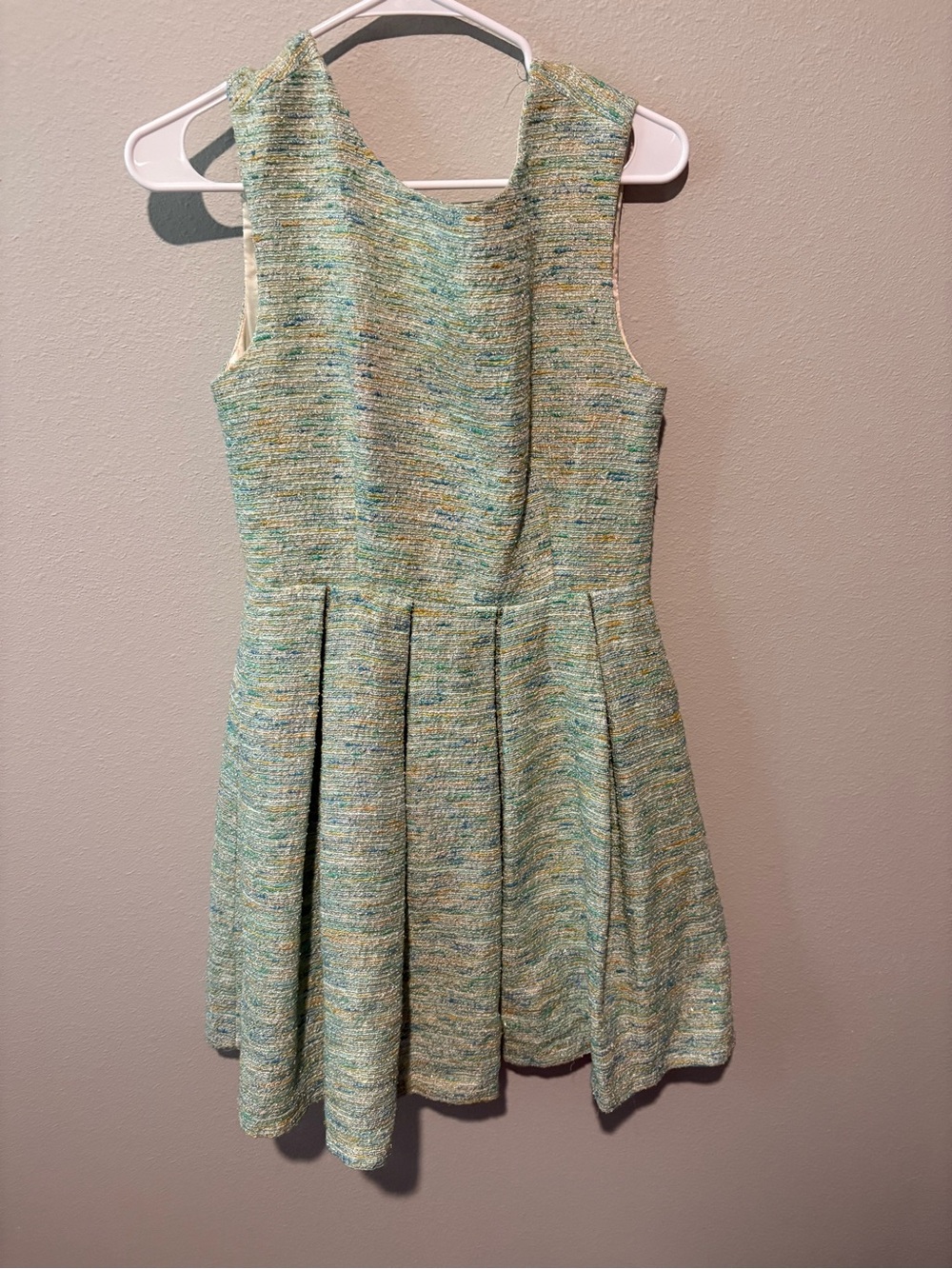 Paper Crown Multicolor Tweed Fit-and-Flare Mini Dress — Aqua & Cream